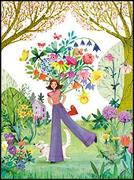 Doppelkarte. Mini - Frau mit Blumenstrauß, Naturpapier