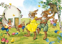 Postkarte. Ein fröhliches Osterfest (Tanzende Hasen
