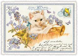 Postkarte. Katze mit Trompete / blanko