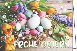Doppelkarte. Frohe Ostern (Eier und Blumen)
