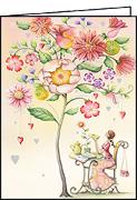 Doppelkarte. Mini - Frau sitzt unter Blumen / blanko