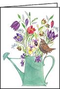 Doppelkarte. Mini - Kanne mit Blumen und Vogel / Blanko