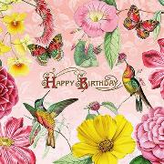 Postkarte. Auguri. Happy Birthday (Blumen und Vögel)