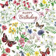 Postkarte. Happy Birthday (Blumen, Schmetterlinge)