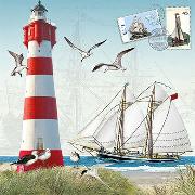 Postkarte. Auguri. Leuchtturm undSegelschiff