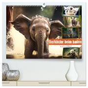 Tierkinder beim baden (hochwertiger Premium Wandkalender 2024 DIN A2 quer), Kunstdruck in Hochglanz