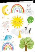 Doppelkarte. Baby - Sonne, Regenbogen, Storch, Hase