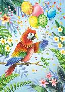 Postkarte. Papagei mit Luftballons