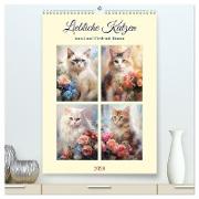 Liebliche Katzen. Anmut und Würde mit Blumen (hochwertiger Premium Wandkalender 2024 DIN A2 hoch), Kunstdruck in Hochglanz