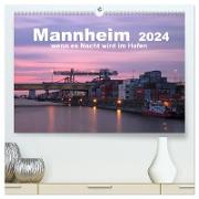 Mannheim 2024 - wenn es Nacht wird im Hafen (hochwertiger Premium Wandkalender 2024 DIN A2 quer), Kunstdruck in Hochglanz