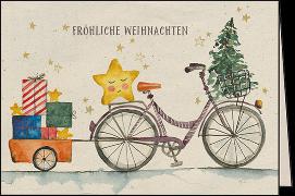 Doppelkarte. Let`s go green. Fröhliche Weihnachten (Fahrrad)