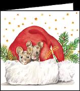 Doppelkarte. Mini - Nikolausmütze mit Mäusen / blanko