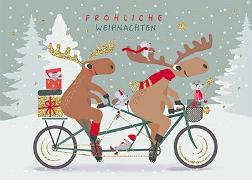 Postkarte. Fröhliche Weihnachten (Elche auf Fahrrad