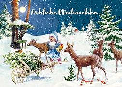 Postkarte. Fröhliche Weihnachten (Kind und Rehe)