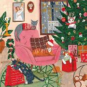 Postkarte. Weihnachtliche Katzen im Wohnzimmer / blanko