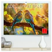 Wellensittiche farbenfroh und munter (hochwertiger Premium Wandkalender 2024 DIN A2 quer), Kunstdruck in Hochglanz