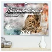 Katzenkalender mausgemalt (hochwertiger Premium Wandkalender 2024 DIN A2 quer), Kunstdruck in Hochglanz