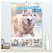 Wölfe. Zarte Aquarelle von beeindruckenden Tieren (hochwertiger Premium Wandkalender 2024 DIN A2 hoch), Kunstdruck in Hochglanz