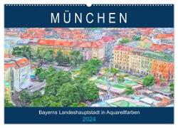 München - Bayerns Landeshauptstadt in Aquarellfarben (Wandkalender 2024 DIN A2 quer), CALVENDO Monatskalender