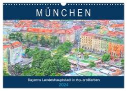 München - Bayerns Landeshauptstadt in Aquarellfarben (Wandkalender 2024 DIN A3 quer), CALVENDO Monatskalender