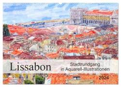 Lissabon - Stadtrundgang in Aquarell-Illustrationen (Wandkalender 2024 DIN A2 quer), CALVENDO Monatskalender
