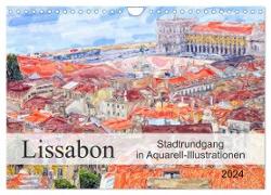 Lissabon - Stadtrundgang in Aquarell-Illustrationen (Wandkalender 2024 DIN A4 quer), CALVENDO Monatskalender