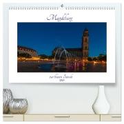 Magdeburg zur blauen Stunde (hochwertiger Premium Wandkalender 2024 DIN A2 quer), Kunstdruck in Hochglanz
