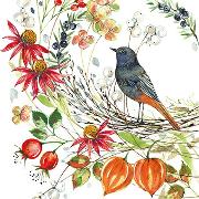 Postkarte. Vogel mit herbstlichen Blüten / blanko