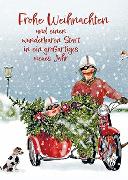 Postkarte. Frohe Weihnachten (Paar auf Motorrad)