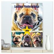 Lustige Fledermäuse. Französische Bulldoggen bei der Freizeitgestaltung (hochwertiger Premium Wandkalender 2024 DIN A2 hoch), Kunstdruck in Hochglanz