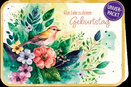 Doppelkarte. Simply Gold. Zum Geburtstag - Vogel und Blüten