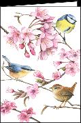 Doppelkarte. Vögel und Kirschblüten/ blanko