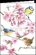 Doppelkarte. Zum Geburtstag (Vögel und Blüten)