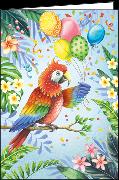 Doppelkarte. Papagei mit Luftballons/ blanko