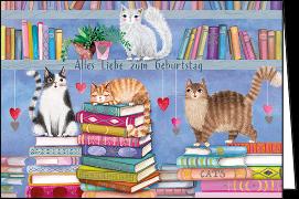 Doppelkarte. Zum Geburtstag (Katzen und Bücher)