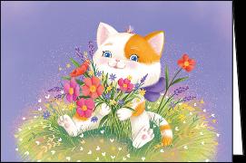 Doppelkarte. Katze mit Blumenstrauß/ blanko