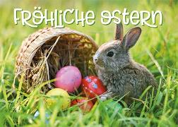 Postkarte. Fröhliche Ostern (Hase mit Nest)