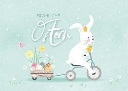 Postkarte. Fröhliche Ostern (Hase auf Dreirad)