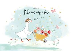 Postkarte. Liebe Blumengrüße (Gans mit Schubkarren)