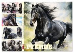 Pferde. Romantische Aquarelle von schwarzen Schönheiten (Wandkalender 2024 DIN A2 quer), CALVENDO Monatskalender