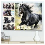 Pferde. Romantische Aquarelle von schwarzen Schönheiten (hochwertiger Premium Wandkalender 2024 DIN A2 quer), Kunstdruck in Hochglanz