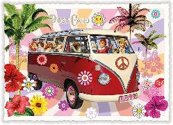 Postkarte. Sweet Memories. Flower-Power, Hippie-Bus / ohne Text / quer